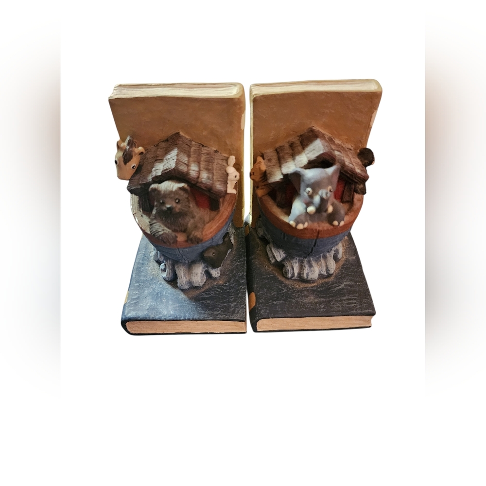 Vintage Noah's Ark Animal Bookends - Giraffe Elephant Bear Hand-Painted Resin